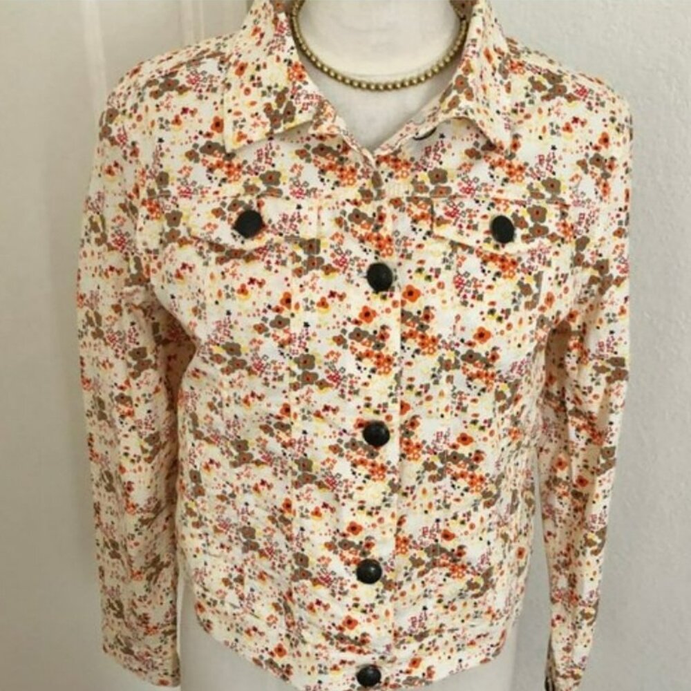 Aventura Women’s Denim Jacket Cream Floral Print Organic Cotton Button Up LARGE